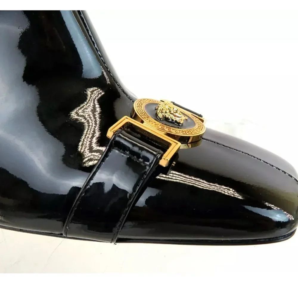 VERSACE BLACK PATENT LEATHER GOLD MEDUSA MEDALLION ZIP HEEL ANKLE BOOTS 36 - Picture 4 of 10